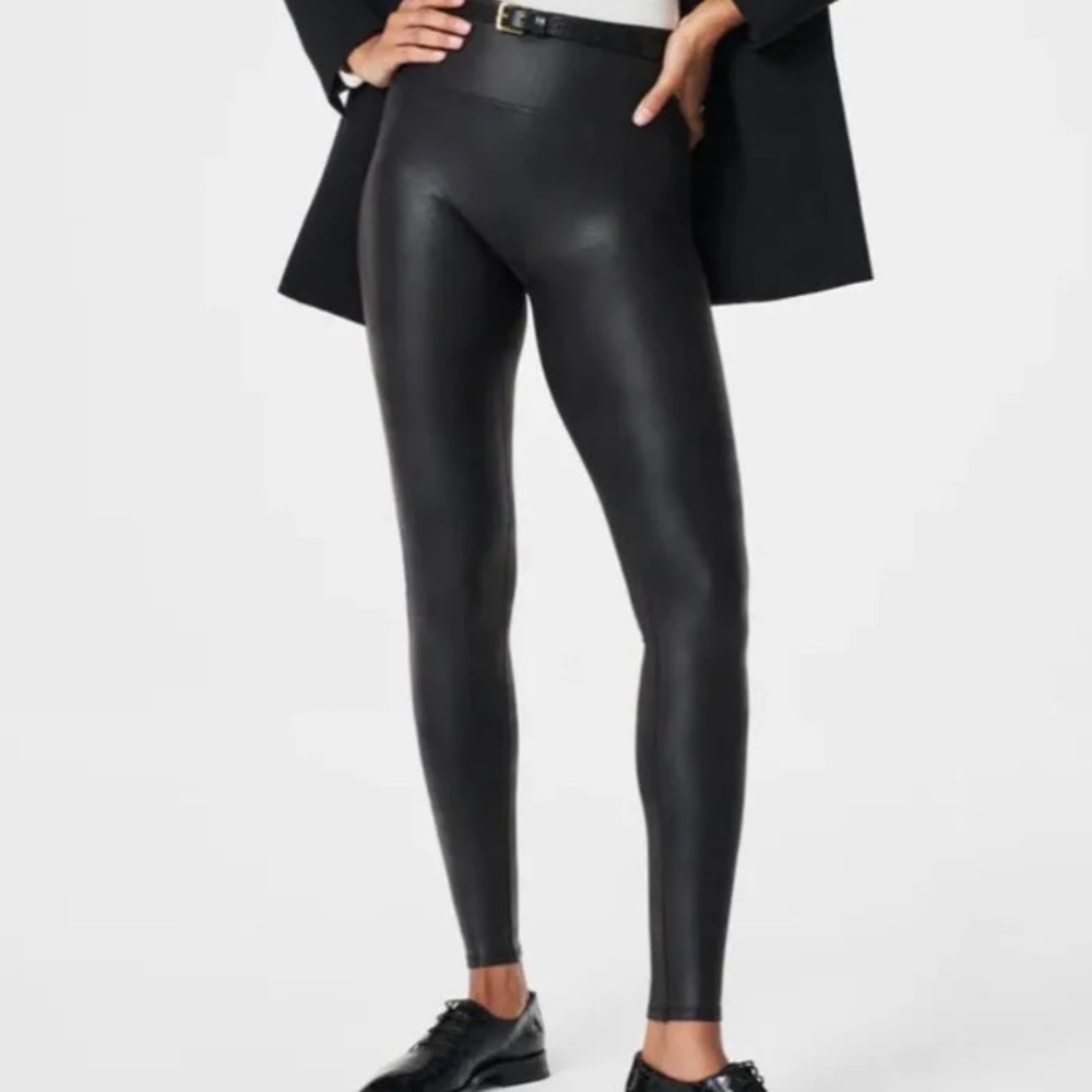 Spanx Black leather leggings. Size large